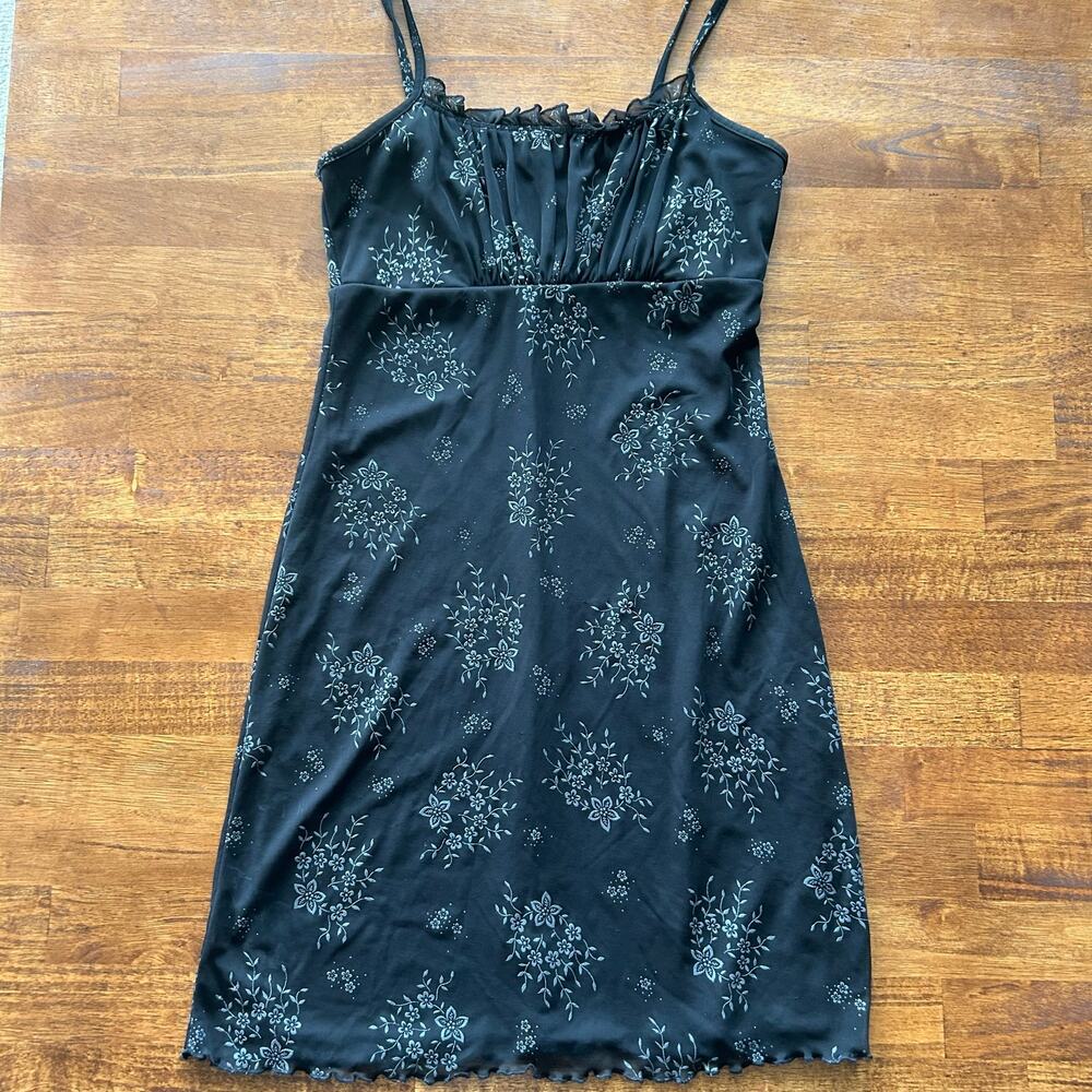 Y2K Black Floral Slip Dress – Size Small, Spaghetti Straps, Indie Grunge